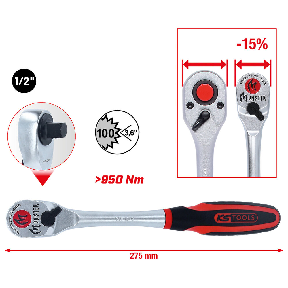 KS Tools Monster 1/4&quot; + 1/2&quot; Omschakelbare Ratel Set 935.0002 (3)