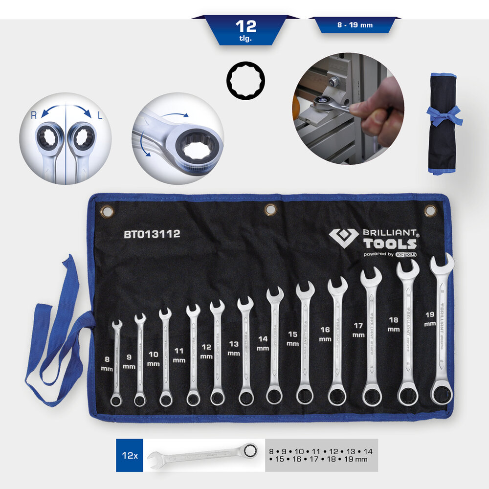 Brilliant Tools Ringratel-Steeksleutelset 8-19mm 12-delig BT013112 (2)