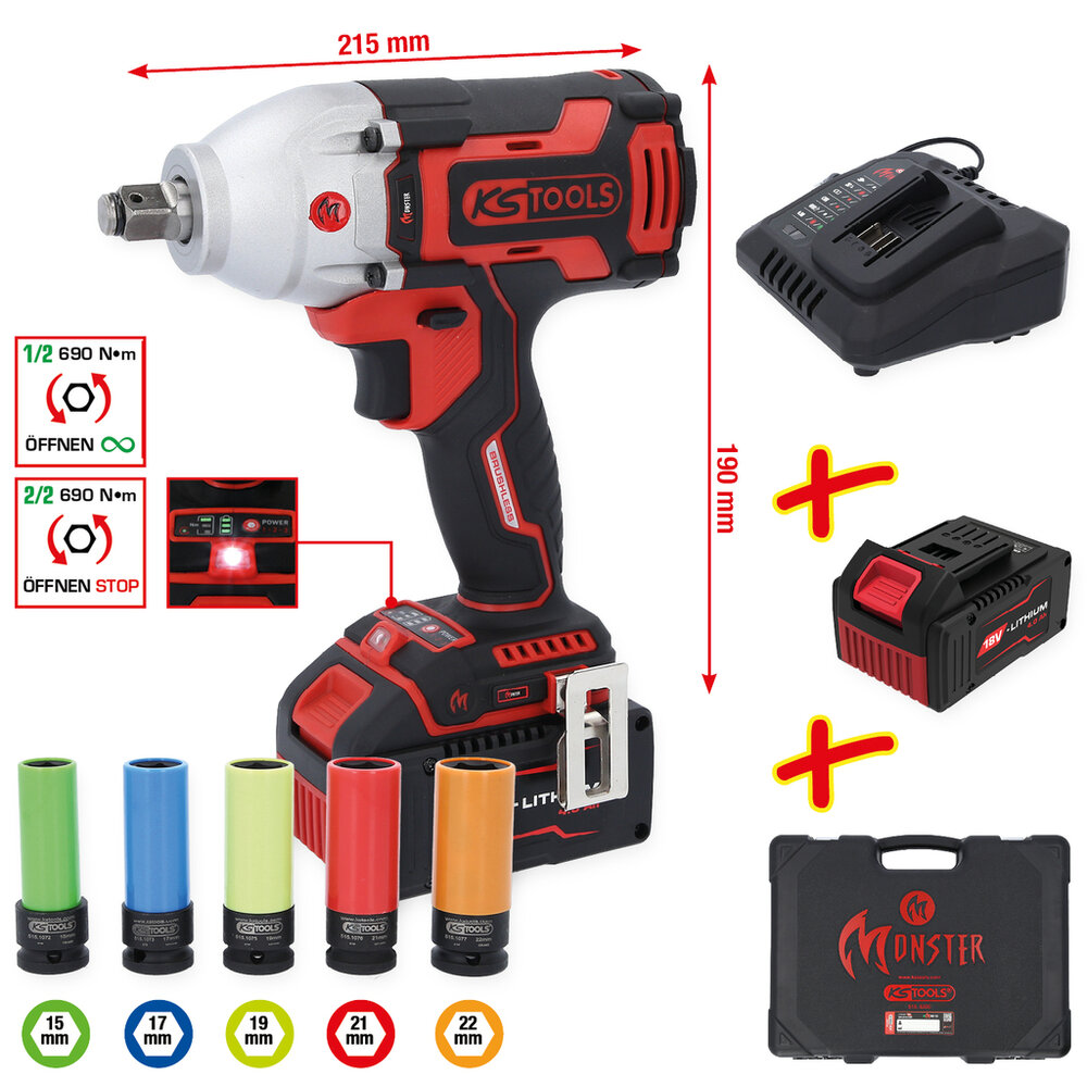 KS Tools eMONSTER 1/2&quot; Brushless Accu-Slagmoersleutelset 515.6100 (2)