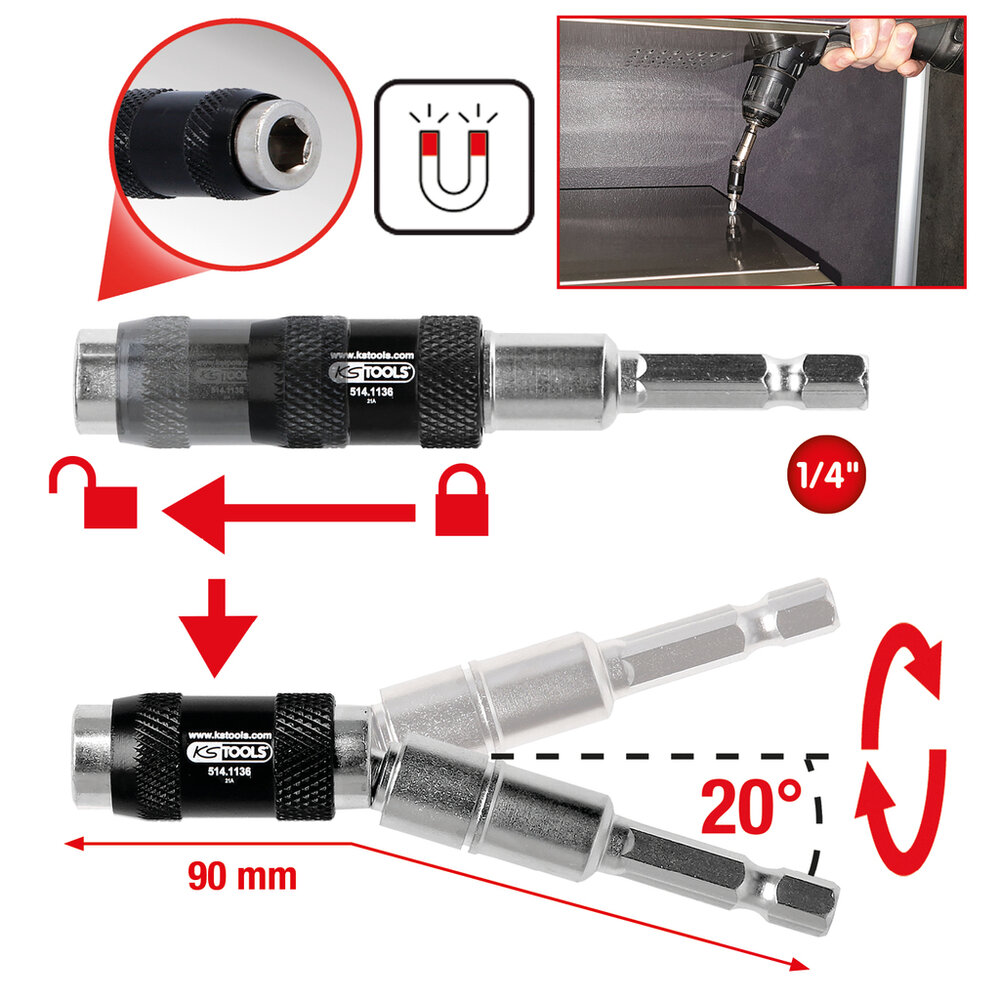 KS Tools 1/4&quot; Magnetische Snelwissel-Bithouder Zwenkbaar 514.1136 (2)