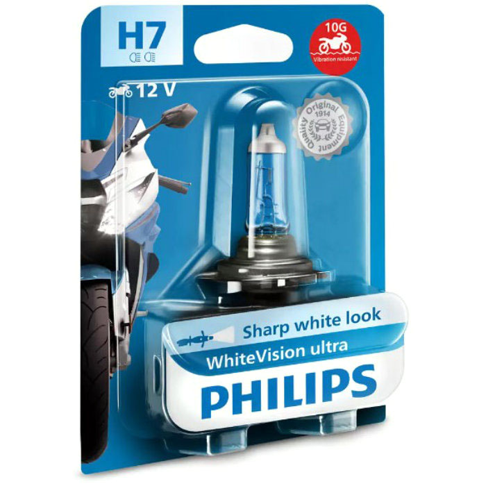 Philips H7 WhiteVision Ultra Moto 55W 12V Motorkoplamp, 12972WVUBW, Motorfiets Verlichting